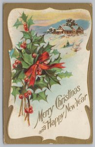 Holiday~Christmas~Holly Berries~House In Winter~Vintage Postcard