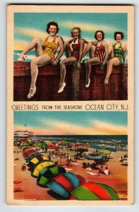 Greetings From Ocean City New Jersey Postcard Ladies Beach Umbrellas Linen 1944