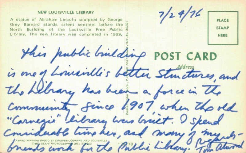 USA New Louisville Library Kentucky Vintage Postcard 07.86