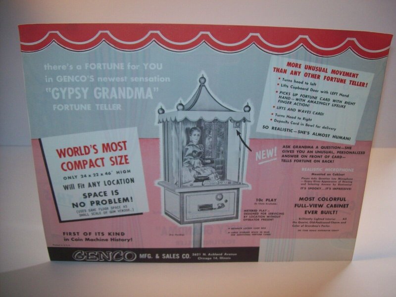 Genco Gypsy Grandma Arcade FLYER 1957 Original NOS Fortune Teller Horoscope Game