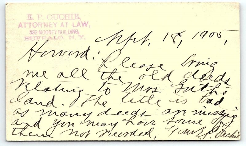 1905 E.P. OUCHIE ATTORNEY BUFFALO NEW YORK RE DEEDS PRIVATE MAILING CARD P707