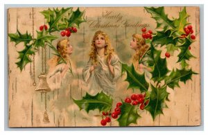 Vintage 1910's Winsch Back Christmas Postcard Beautiful Angels Mistletoe Bells