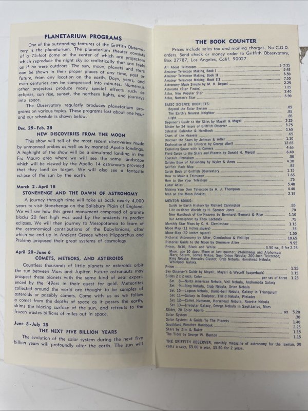 Planetarium Griffith Observatory Los Angeles, California Vtg Brochure