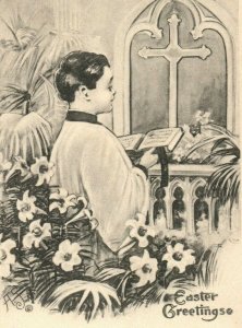 C.1910 Choir Boy Singing Church Cross Easter Bergman Vintage Postcard P77