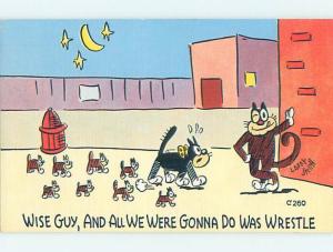 Linen comic signed HUMANIZED CAT LEANING UP AGAINST THE WALL & OTHER CATS HL3376