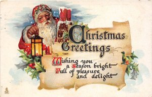 J70/ Santa Claus Christmas Postcard c1910 Lantern Snow Holly 91