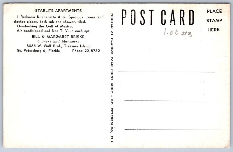 K22/ St Petersburg Florida Postcard Chrome Starlite Apartments 250