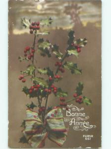 tinted rppc c1910 CHRISTMAS HOLLY AC9228