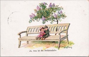 German Children Bench Soldier Uniform Soldatenliebe WW1 1917 Cancel Postcard H34