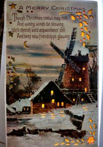 Hold To Light Postcard Christmas Snow Covered Country Home Windmill Moon 1917