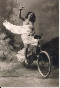 Beautiful Topless Woman on Bicycle with Wine Glass, Nude, Sexy Girl, 1900 REPRO