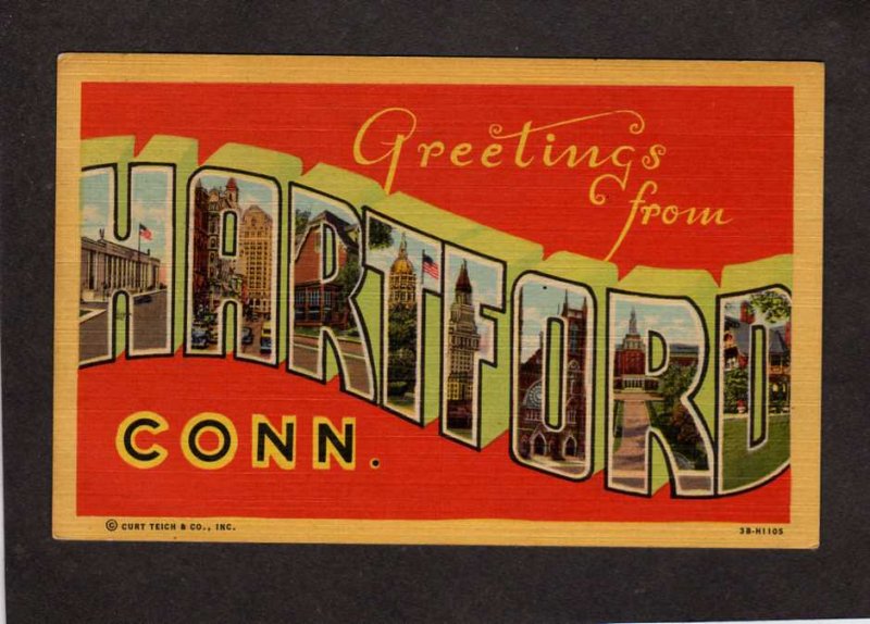 CT Greetings From Hartford Connecticut Conn Postcard Lg Large Letter Curt Teich