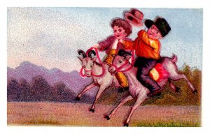 Vintage 1890's Victorian Trade Card - Children Riding Goats in the Country CUTE