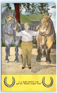 HEDRICK, IA Iowa ~ L.J. SMITH &  LARGEST HORSES c1940s Kropp Linen Postcard