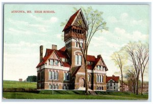 c1910 Exterior View High School Building Trees Augusta Maine ME Vintage Postcard