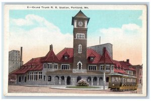 c1950's Grand Trunk Railroad Clock Tower Trolley Building Portland ME Postcard