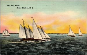 Vtg 1940's Sail Boat Races Stone Harbor New Jersey NJ Linen Postcard