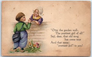 M-42536 Little Girl and Boy Over the Wall Art Print Love/Romance Greeting Card