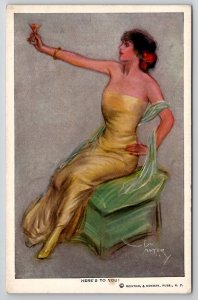 A/S Lou Mayer Glamour Girl Raises Glass Here's to You Pretty Lady Postcard L36