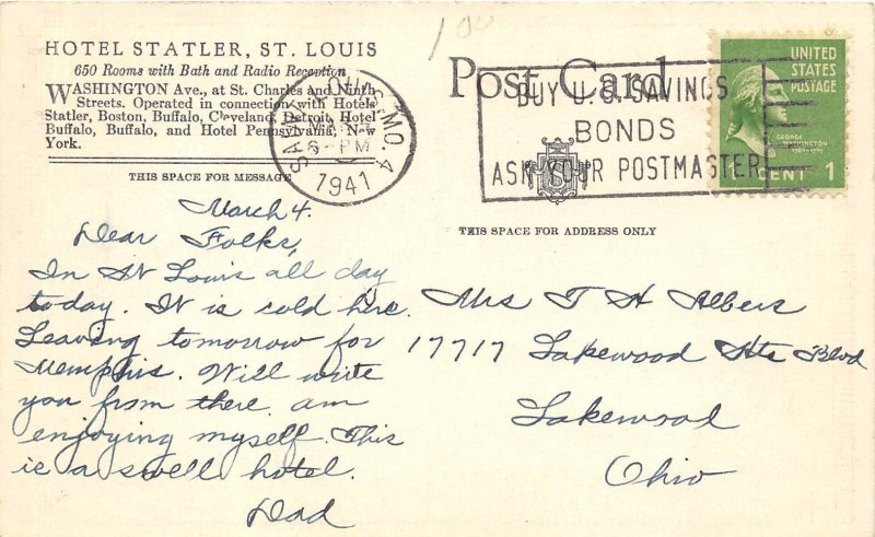 St. Louis Missouri 1941 Postcard Hotel Staler