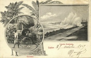 ceylon, COLOMBO, Breakwater, Pulled Rickshaw (1907) Multiview Postcard