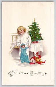 Christmas Greetings Child With Tree Baby Doll Jester Postcard U26