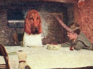 1906 Boy Bloodhound Dog Wearing Bib at Table Cat Making a Food of Him Postcard
