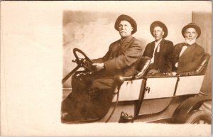 Vintage RPPC Postcard Old Men Old Car Hats Studio Photo JR12