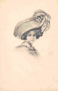 Beautiful Lady Large Hat Feathers Artist Unsigned 1910c postcard