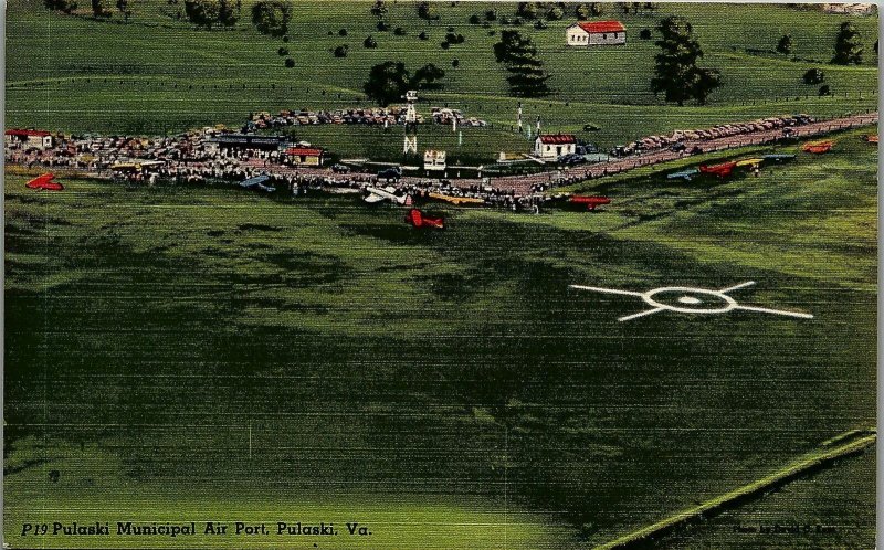 1940s PULASKI VIRGINIA MUNICIPAL AIR PORT AIRPLANES LINEN POSTCARD 38-222