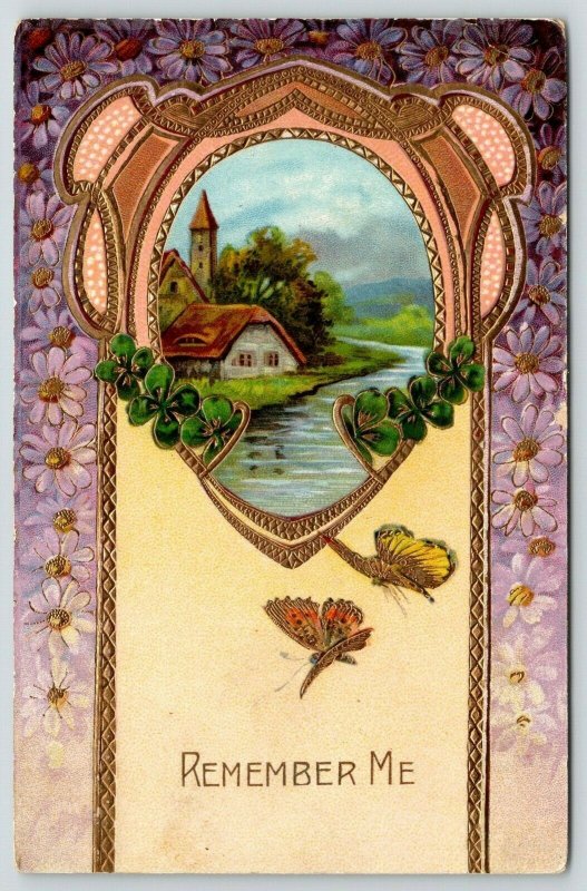 Remember Me~Cottage~Butterflies~Purple Daisies~Gold Leaf Emboss Art Nouveau~GEL 