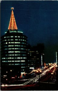 Vtg 1950s Vine Street at Night Capitol Records Hollywood California CA Postcard