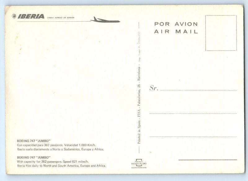 Spain Postcard Boeing 747 Jumbo Iberia in Flight c1950’s Unposted Vintage