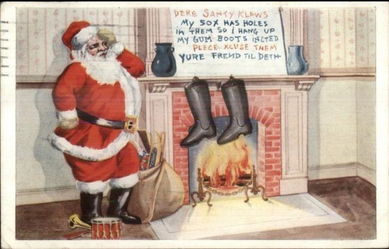 Christmas - Santa Claus Confused by Boots Hanging by Fire c1910 Postcard