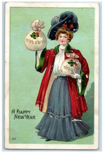 1908 Happy New Year Pretty Woman Hat Feather Sack Of Coins Embossed Postcard