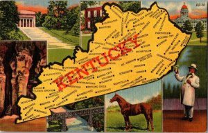 Kentucky Multi Views, Kentucky State Map Vintage Linen Postcard N29