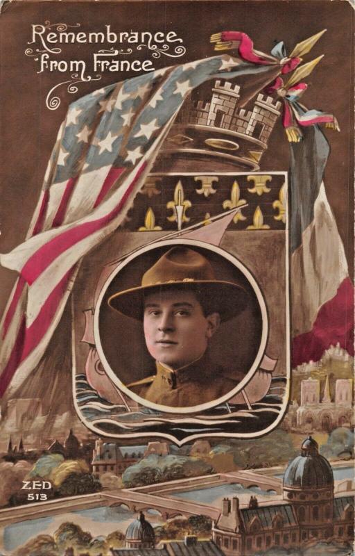 REMEMBRANCE FROM FRANCE-UNITED STATES WW1 SOLDIER-PATRIOTIC FLAGS PHOTO POSTCARD