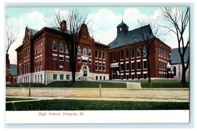 High School Freeport Illinois c1910 Germany Vintage Antique Postcard 