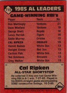 1986 Topps Baseball Card AL All Star Cal Ripken sk10682