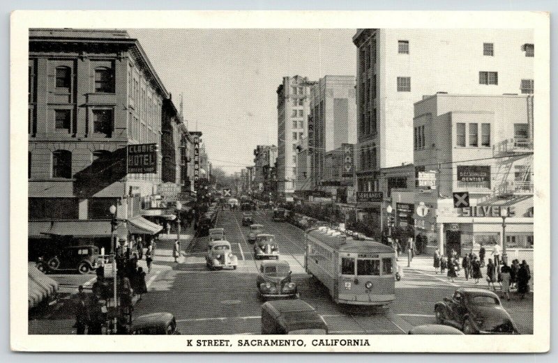 Sacramento CA~K Street~Silver's~Kress 5&10c Store~Hale Bros~Trolley~1942 B&W PC 