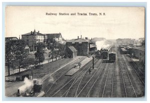 c1910 Train Locomotive, Railway Station and Tracks Truro Nova Scotia Postcard