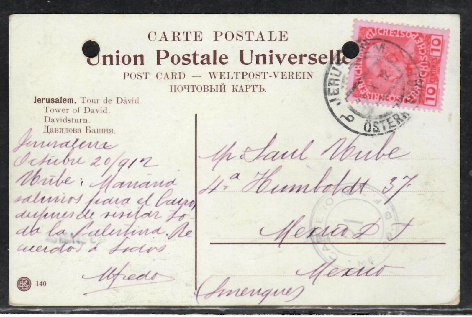 Jerusalem 1912 Austria Levant post Office Palestine Tour David postcard