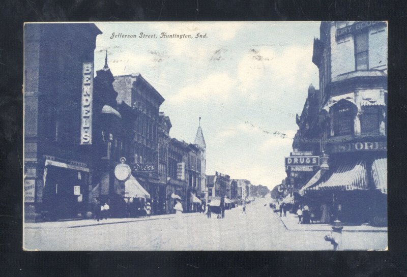 HUNTINGTON INDIANA DOWNTOWN JEFFERSON STREET SCENE STORES VINTAGE POSTCARD