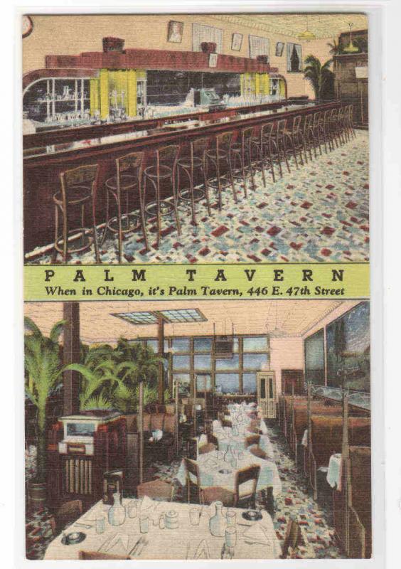 Palm Tavern Bar Interior Chicago Illinois linen postcard