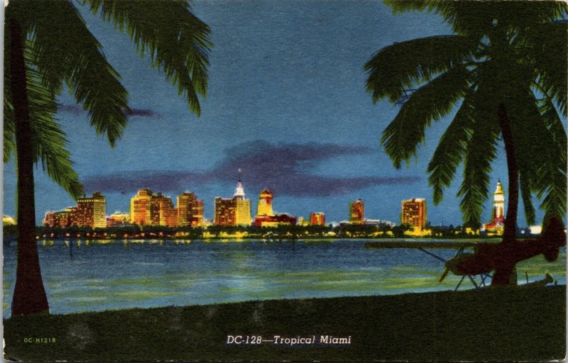 Miami Florida Scenic Nighttime View Tropical Palm Trees Linen Postcard 