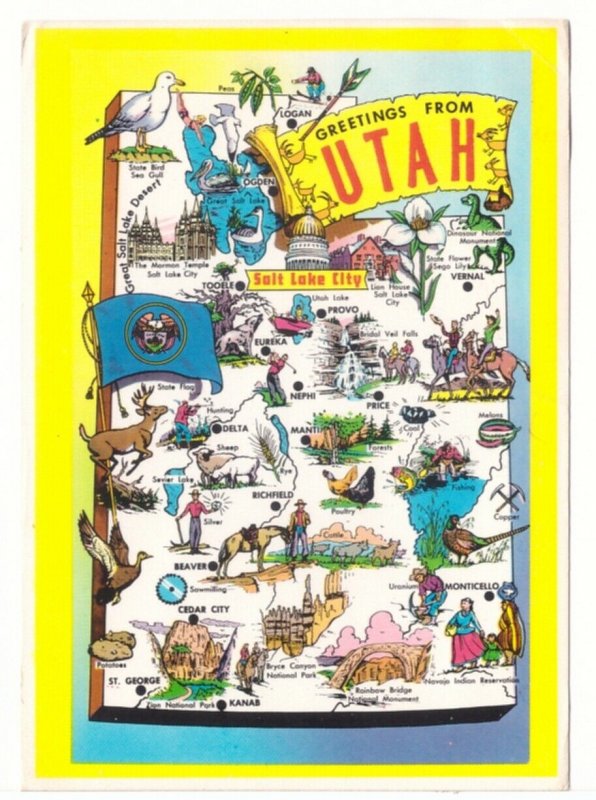 Utah State Map Showing Major Points Of Interest, 1981 Chrome Postcard