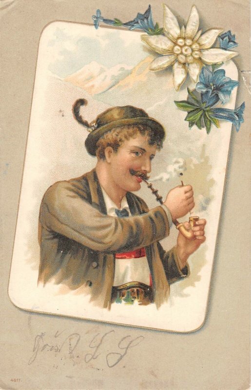 US3038 Man smoking Pipe, Flowers Edelweiss bavaria costume germany