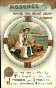 Absence Makes the Heart Grow Fonder Beautiful Woman Embossed Vintage Postcard