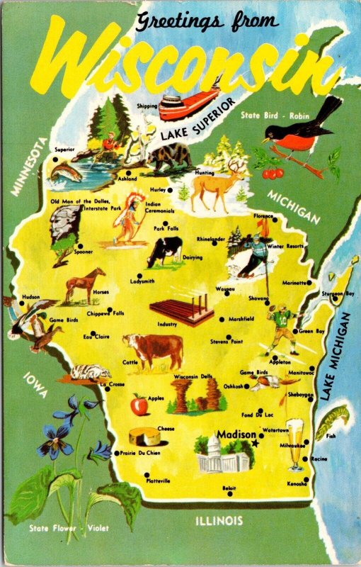 Greetings From Wisconsin State Map Postcard PM Madison WI Cancel WOB Note VTG 