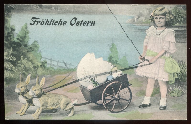 dc2026 - EASTER Postcard 1906 Germany. Rabbit Team Cart with Eggs